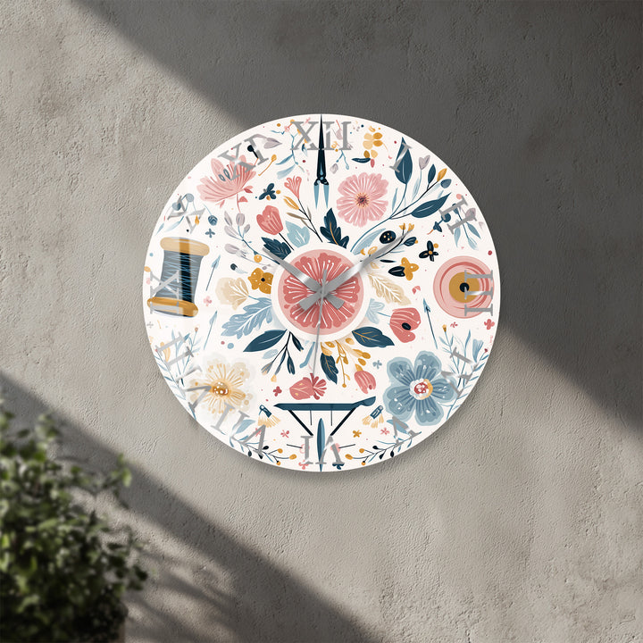 Floral Sewing Glass Wall Clock – Craft Room Decor
