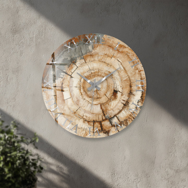 Tree Ring Glass Wall Clock – Rustic Wood Grain Decor