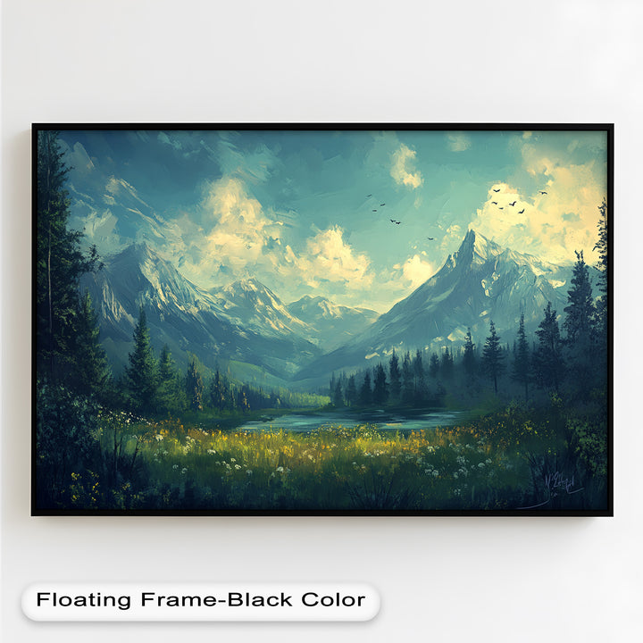 A sense of freedom and tranquility fills this immersive artwork, where rolling hills, a vibrant meadow, and majestic peaks create a harmonious and awe-inspiring alpine scene.