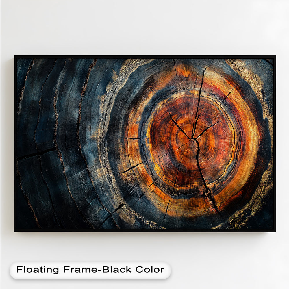 A striking close-up of an aged tree trunk reveals intricate growth rings, where rich amber, deep blues, and charred textures create a mesmerizing natural pattern.