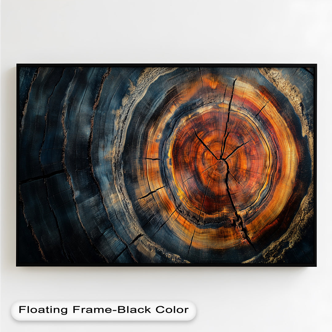 A striking close-up of an aged tree trunk reveals intricate growth rings, where rich amber, deep blues, and charred textures create a mesmerizing natural pattern.