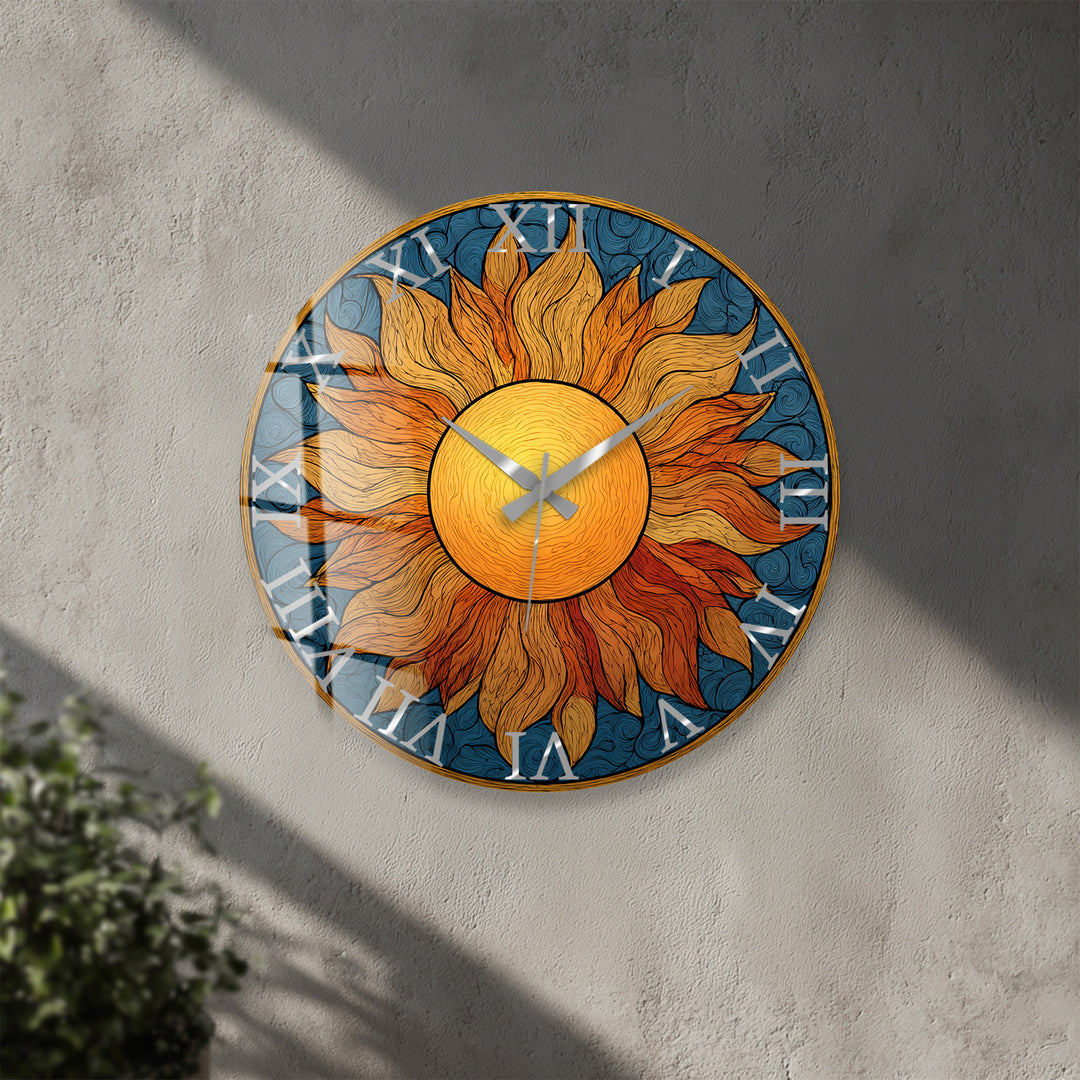 Boho Sun Glass Wall Clock – Golden Sunburst Decor