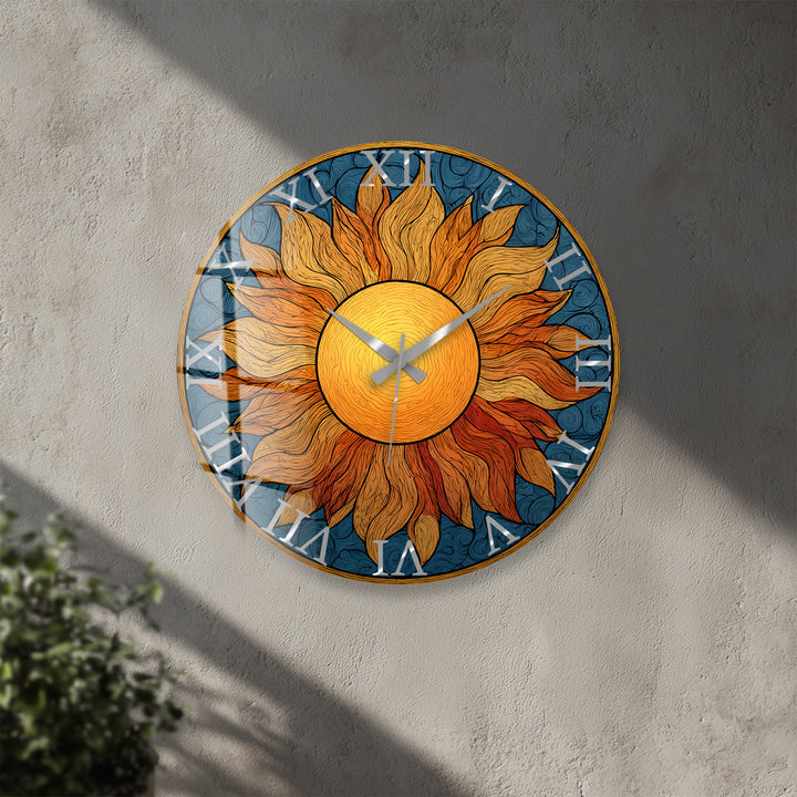 Boho Sun Glass Wall Clock – Golden Sunburst Decor