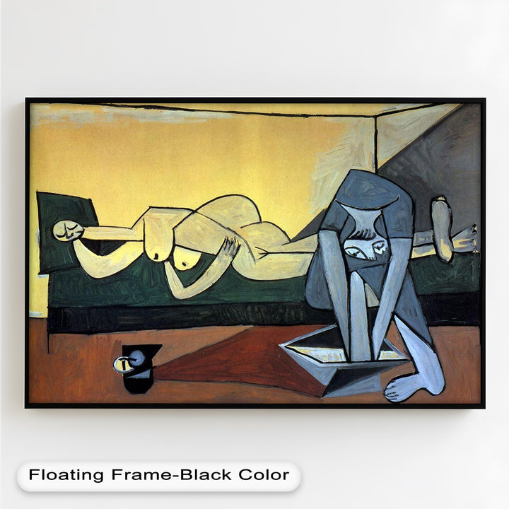 Modernist depiction of contrasting figures in a room, with flattened shapes, sharp lines, and subdued tones expressing intimacy and solitude.