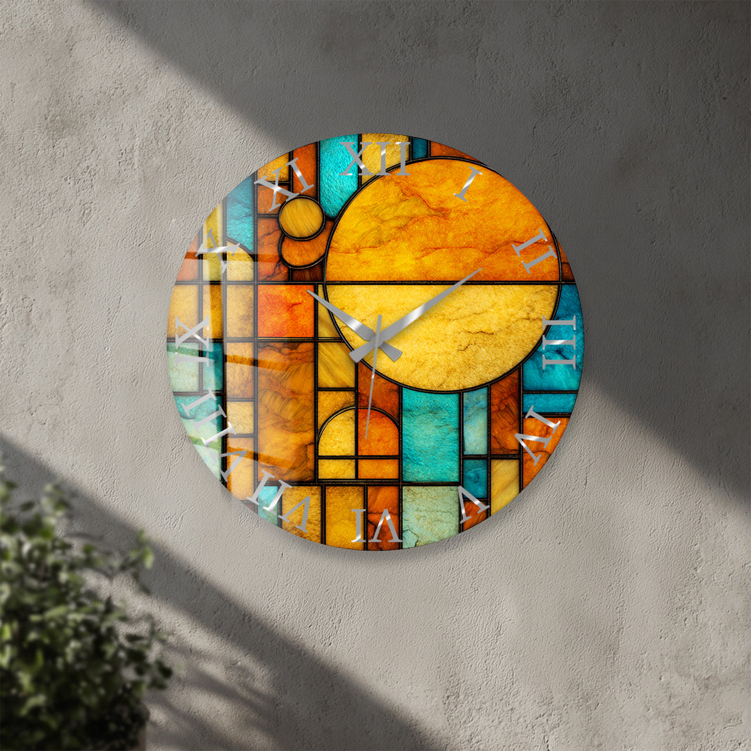 Orangefarbene und blaugrüne Glaswanduhr – geometrische Retro-Sonnenkunst