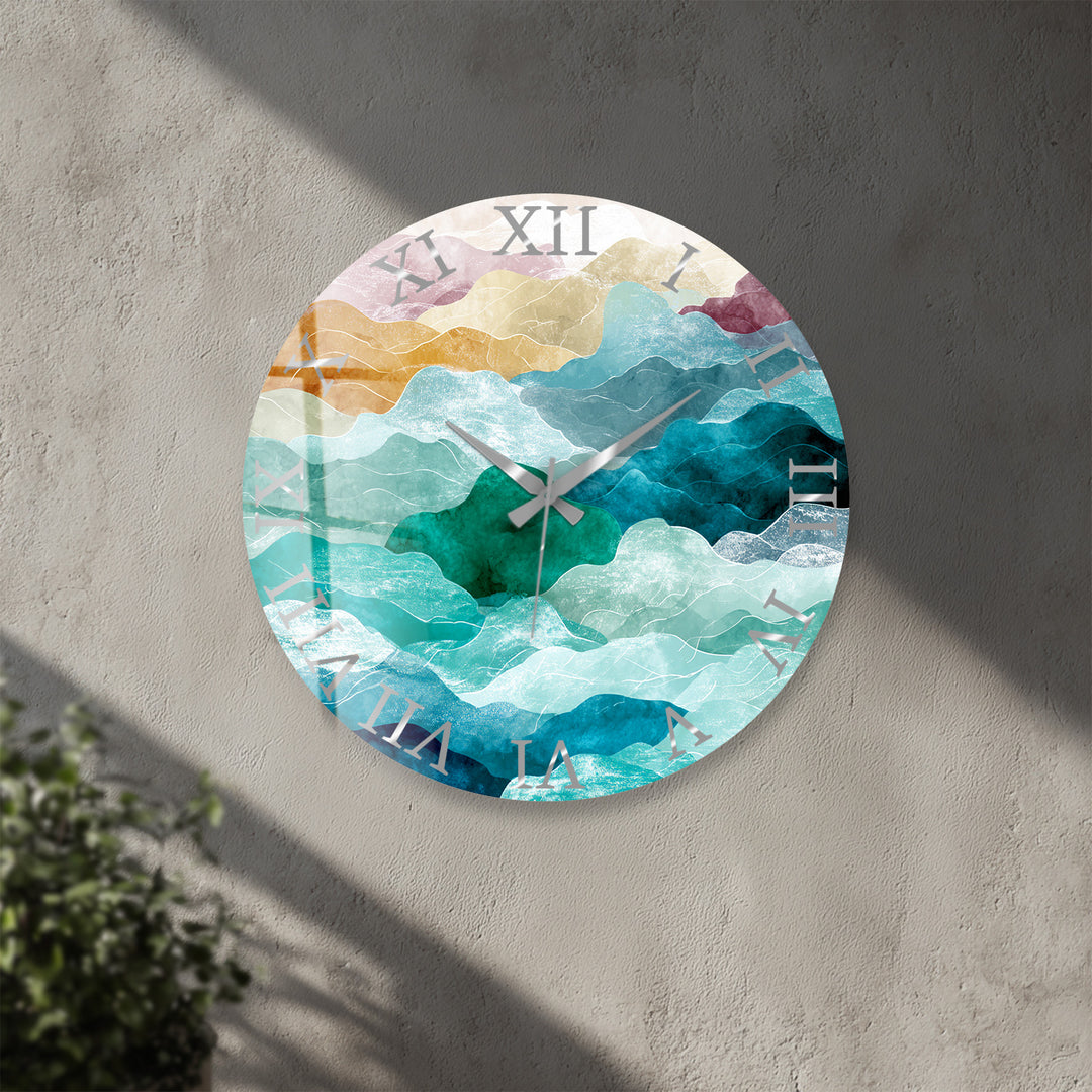 Abstract Mountain Glass Wall Clock – Teal Boho Landscape Decor