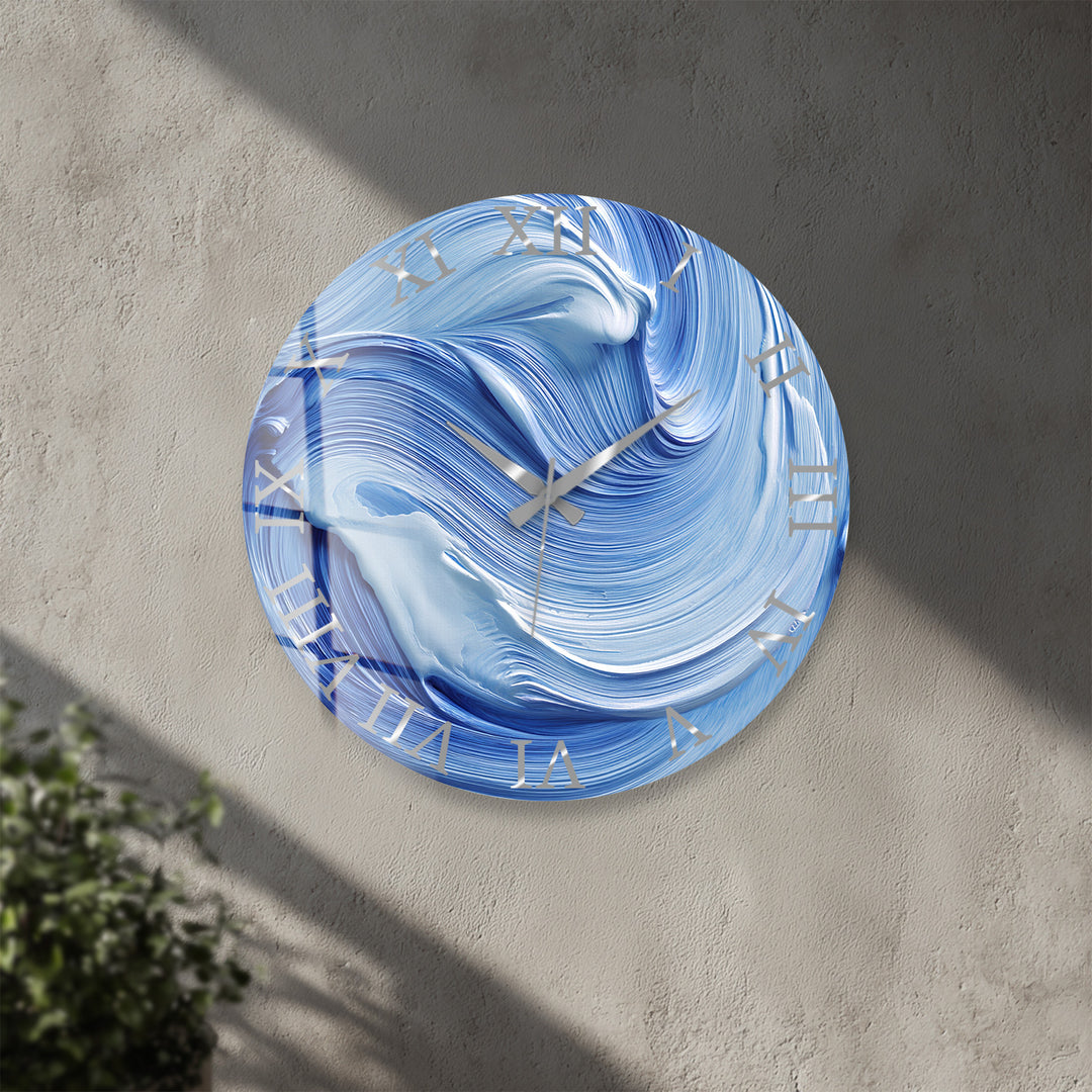 Blue Swirl Glass Wall Clock – Abstract Ölgemälde  Decor