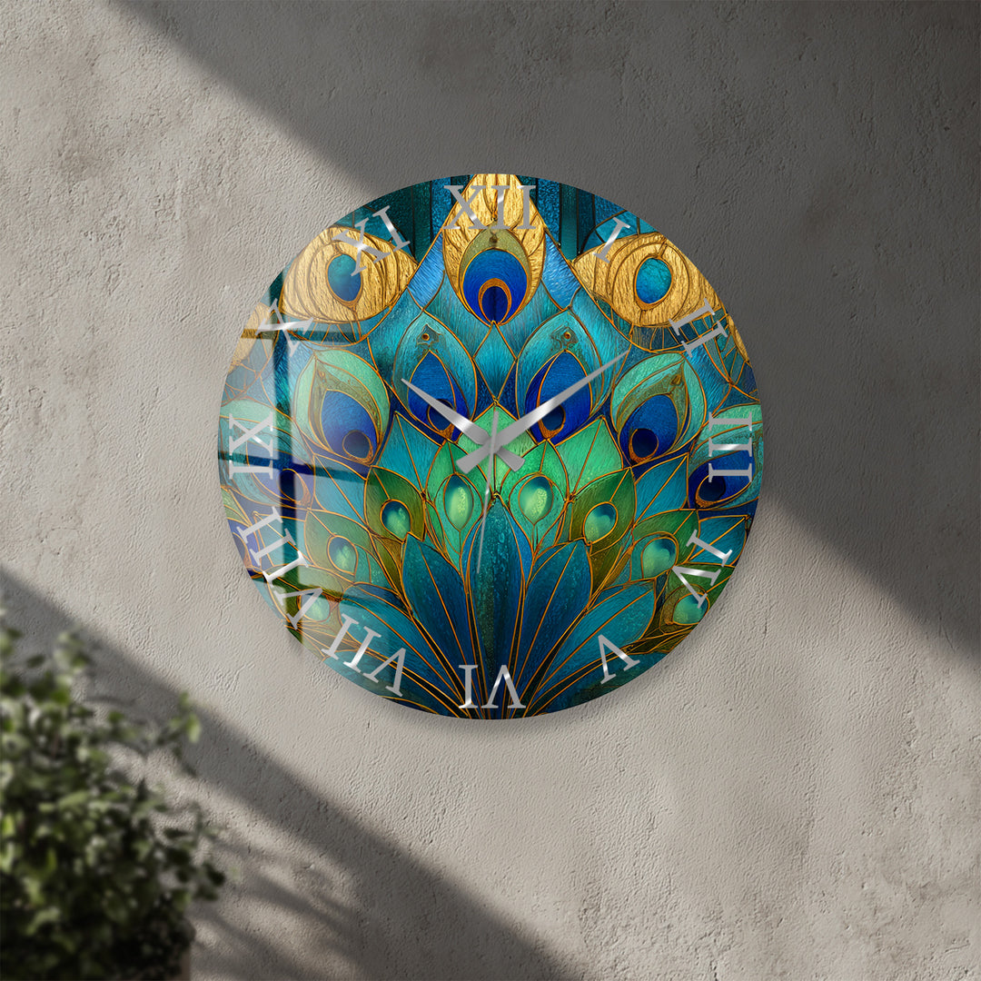 Peacock Feather Glass Wall Clock – Blue Art Nouveau Decor