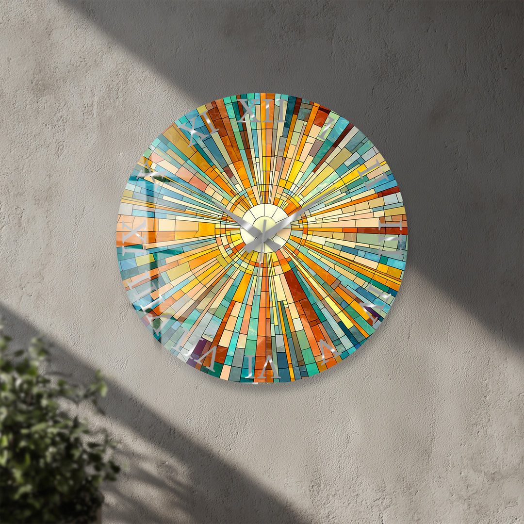 Geometrische Sunburst-Glaswanduhr – Bunte Mosaikkunst