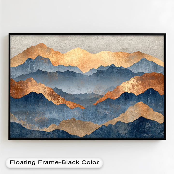 Contemporary mountain scene with shimmering bronze and deep blue accents.
