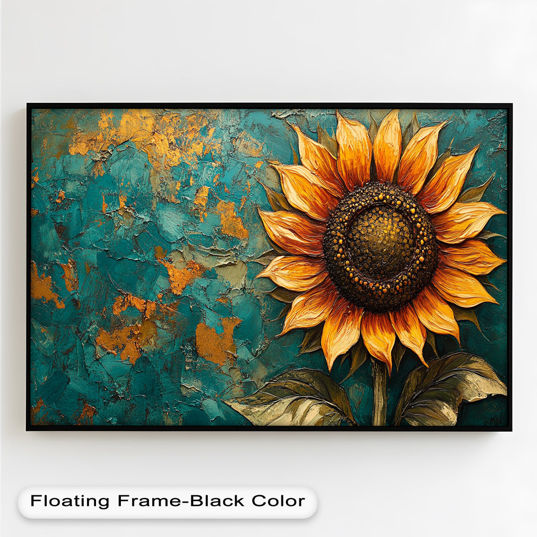 Sunflower on Textured Teal - Flower Oil Painting