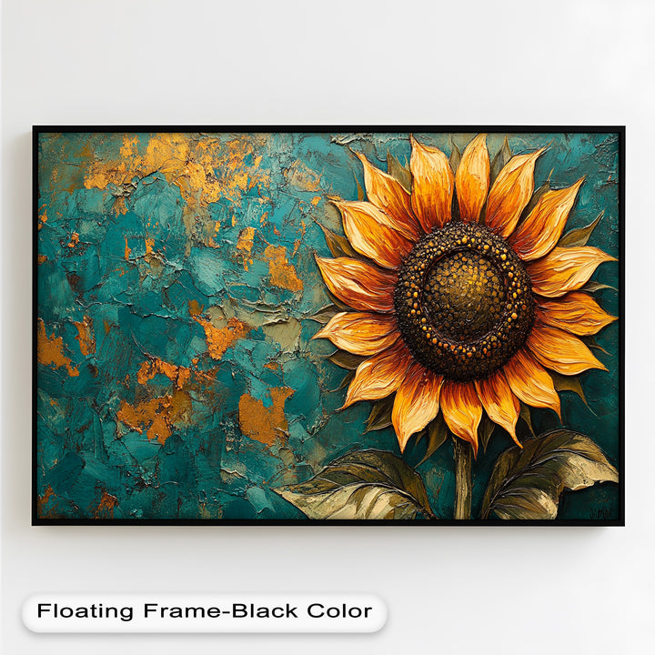 Sunflower on Textured Teal - Flower Oil Painting