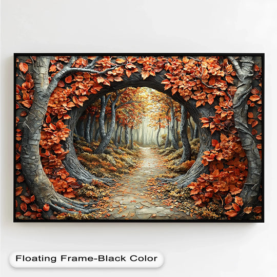 Thick brushstrokes define the rich texture of this enchanted forest path oil painting art piece, highlighting autumn's vibrant foliage.
