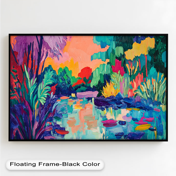 Sunset Reflections Oil Painting – Fauvist Lakeside Dreamscape