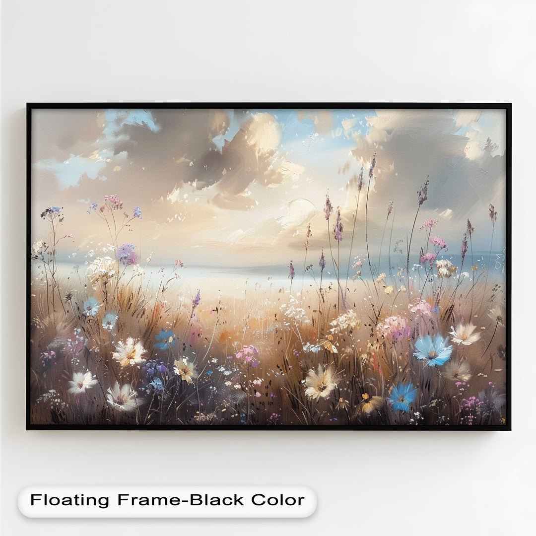 A dreamy impressionist-style painting featuring a sunlit meadow filled with delicate wildflowers in soft pastel hues, with a glowing sky overhead.