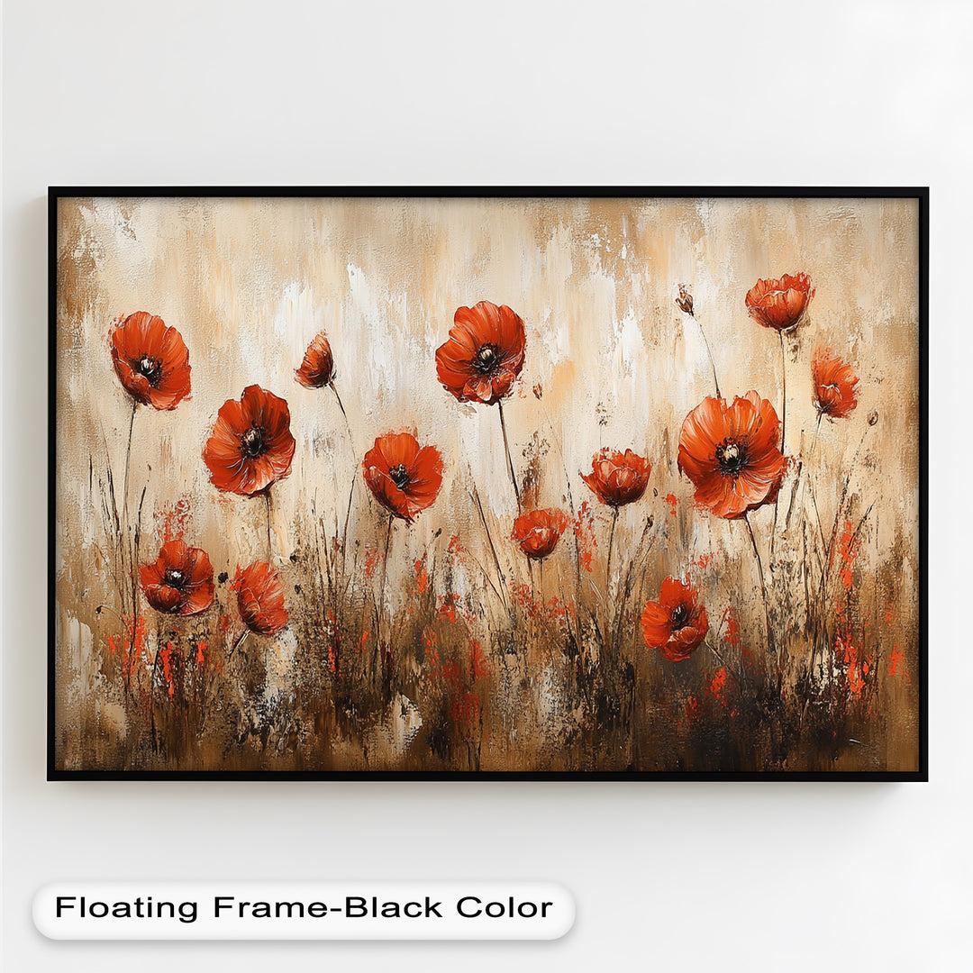 Fiery Meadow – Scarlet Poppies in Earth-Toned Field Flower Oil Painting