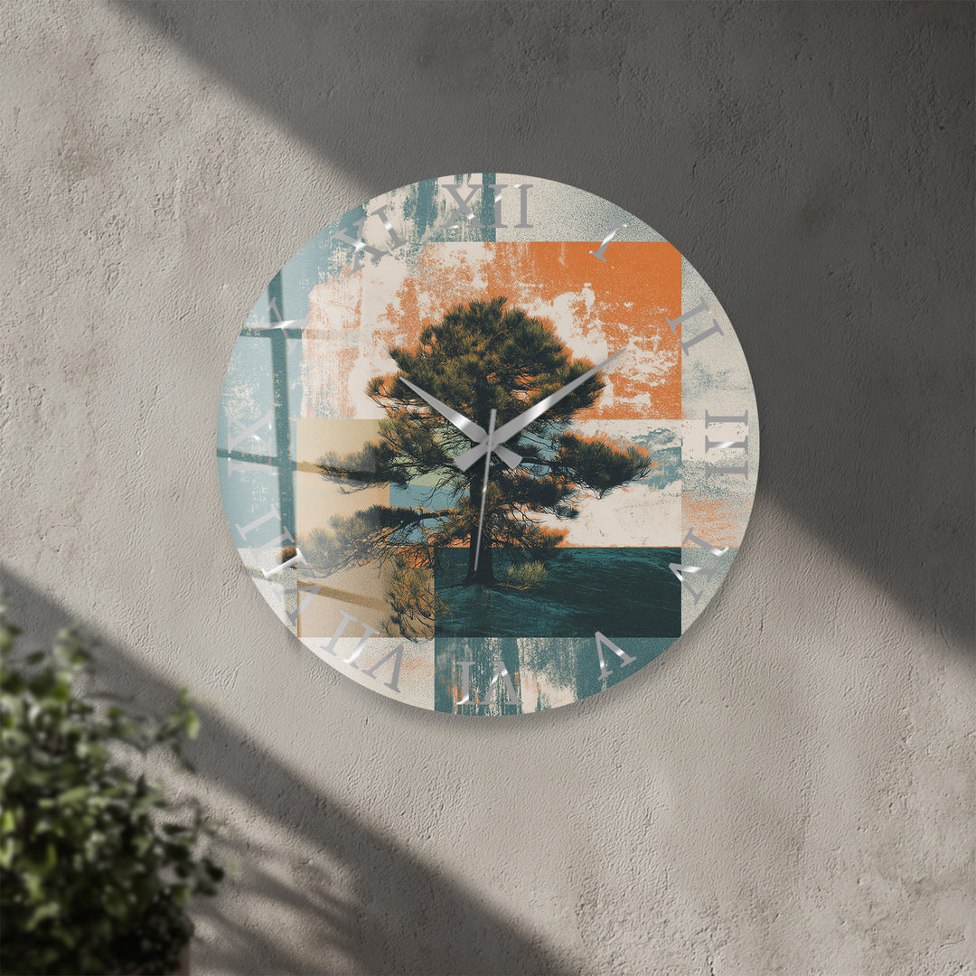 Mid Century Pine Tree Glass Wall Clock – Retro Nature Decor