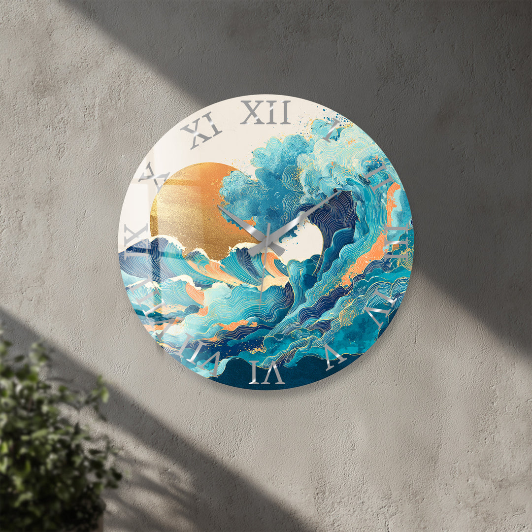 Japanese Wave Glass Wall Clock – Blue Ocean Sunset Art Decor
