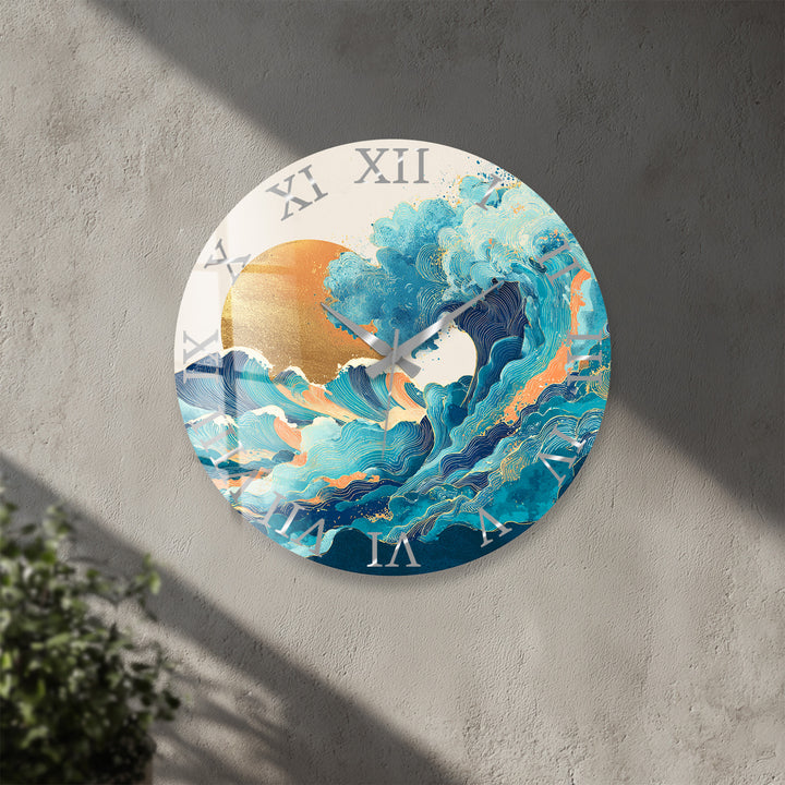 Japanese Wave Glass Wall Clock – Blue Ocean Sunset Art Decor