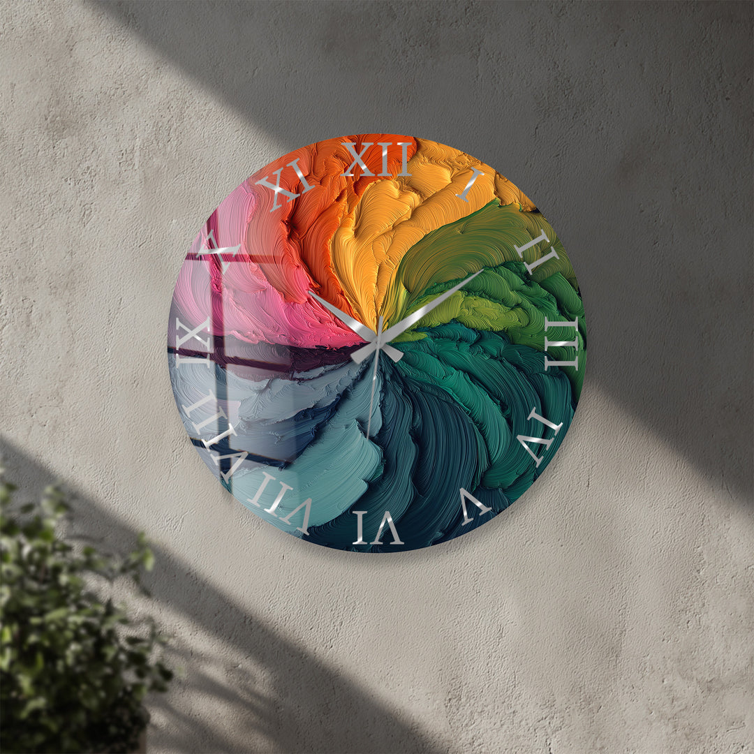 Colorful Abstract Glass Wall Clock – Rainbow Oil Painting Art