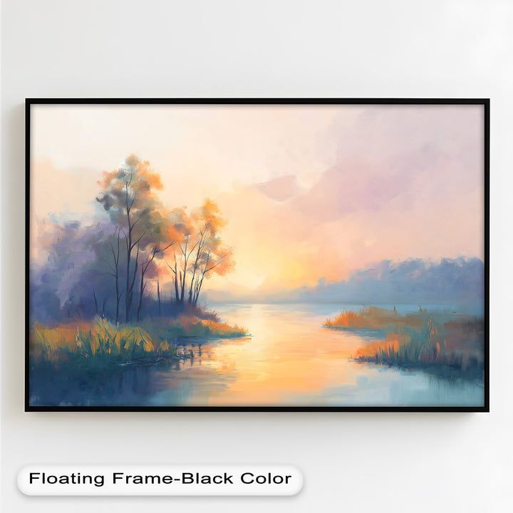 A peaceful lakeside setting unfolds in this breathtaking artwork, as the last rays of sunlight cast a warm, ethereal glow over the trees and gentle ripples of the water.