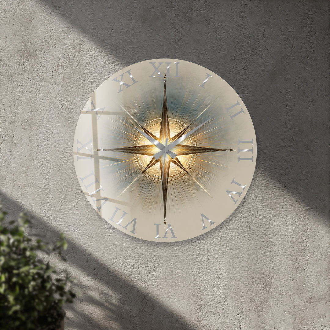 Gold Compass Rose Glass Wall Clock – Elegant Nautical Decor