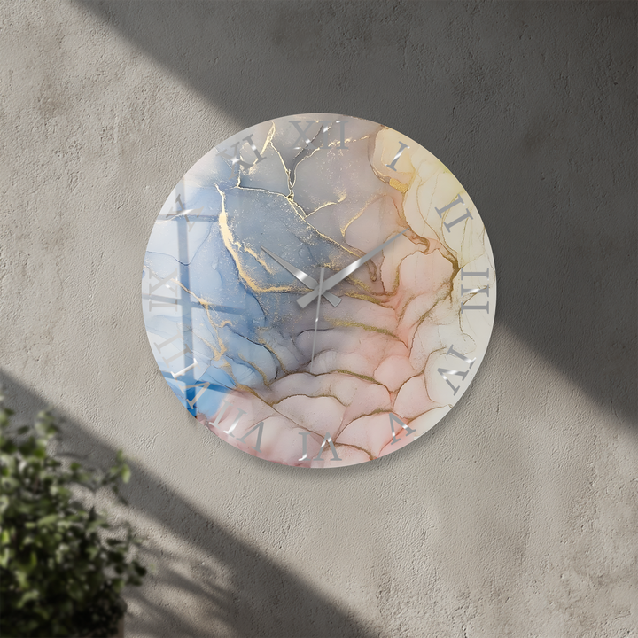 Pastellrosa und blaue Marmorglas-Wanduhr