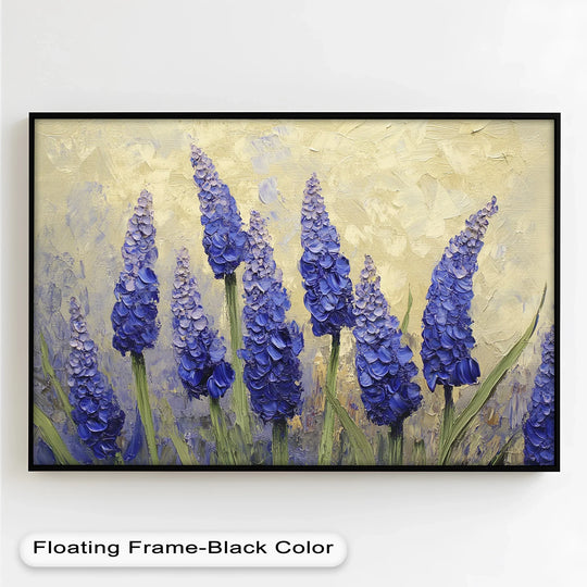 Inviting a calm mood, the lavender spires in bloom are showcased in this oil painting art prints, where purple blossoms reach upward in a serene display of floral art.