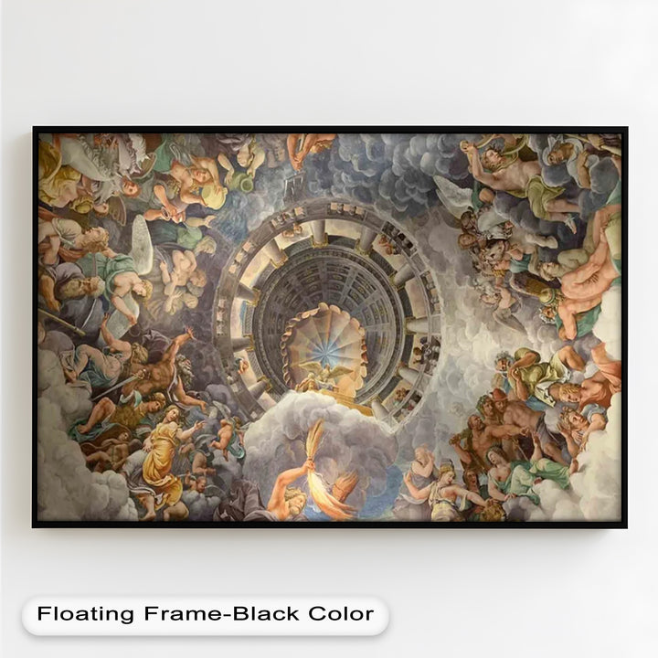 Elaborate trompe-l'oeil ceiling mural portraying a divine realm with layered clouds, golden figures, and a central vortex drawing the viewer’s gaze upward.