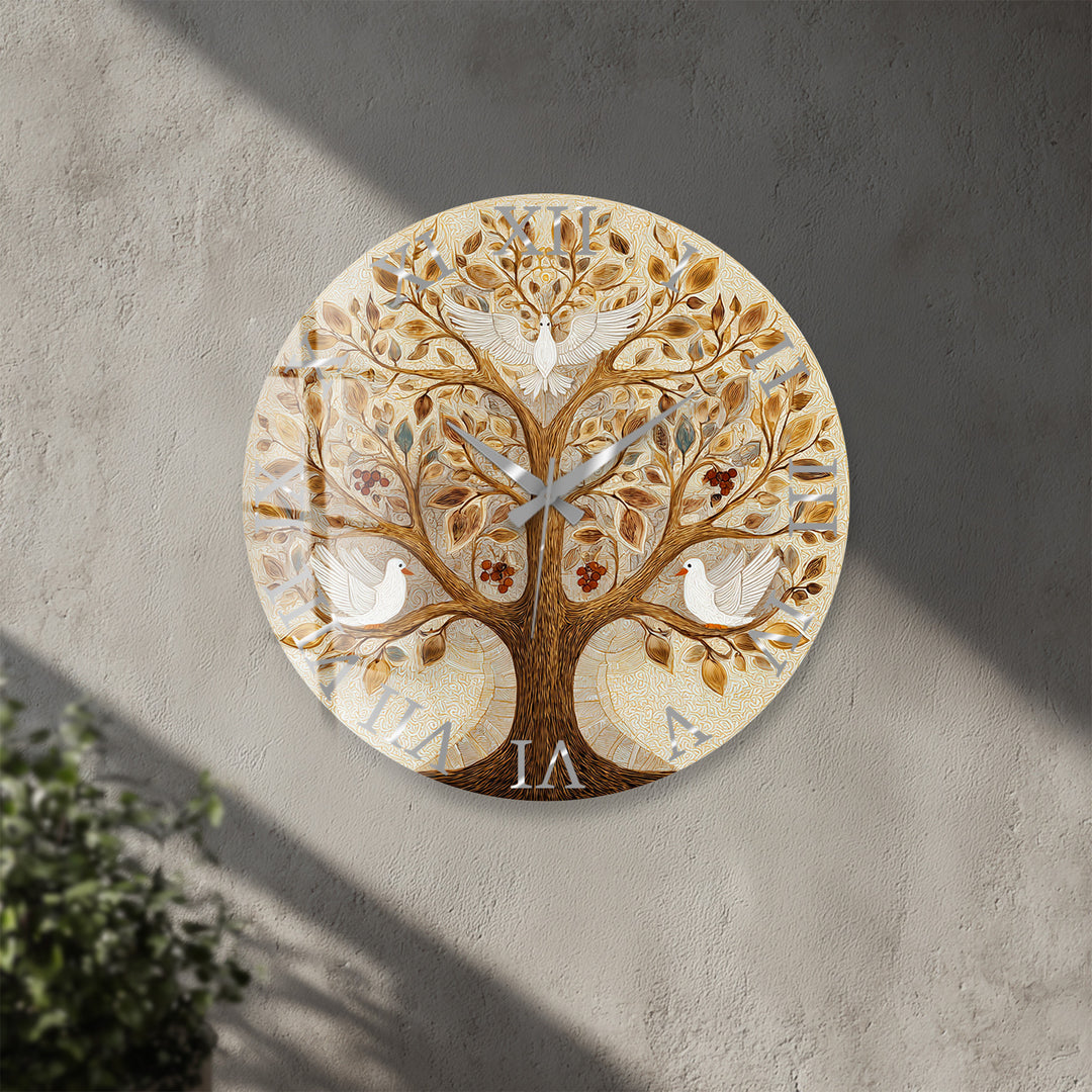 Tree of Life Glass Wall Clock – White Dove Botanical Decor