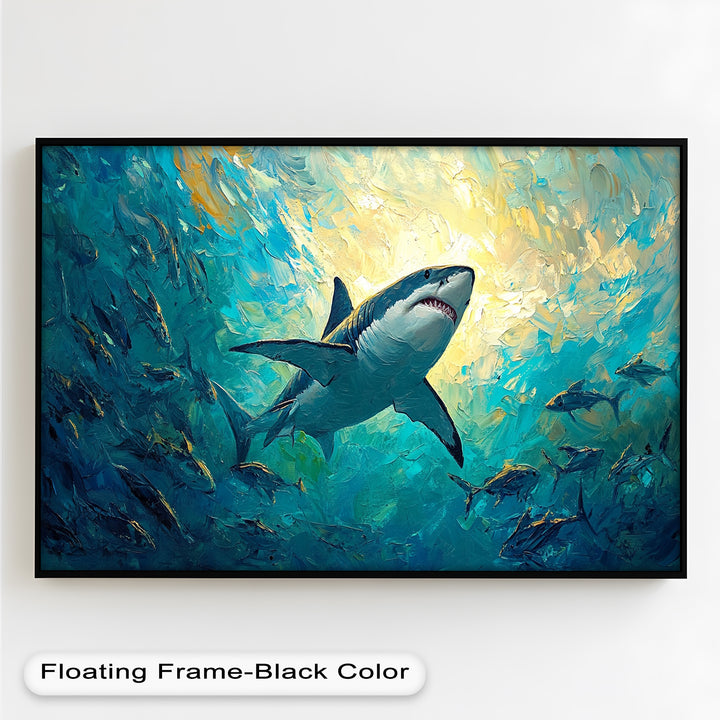 Great White Shark in Sunlit Ocean Depths – Animal Oil Painting