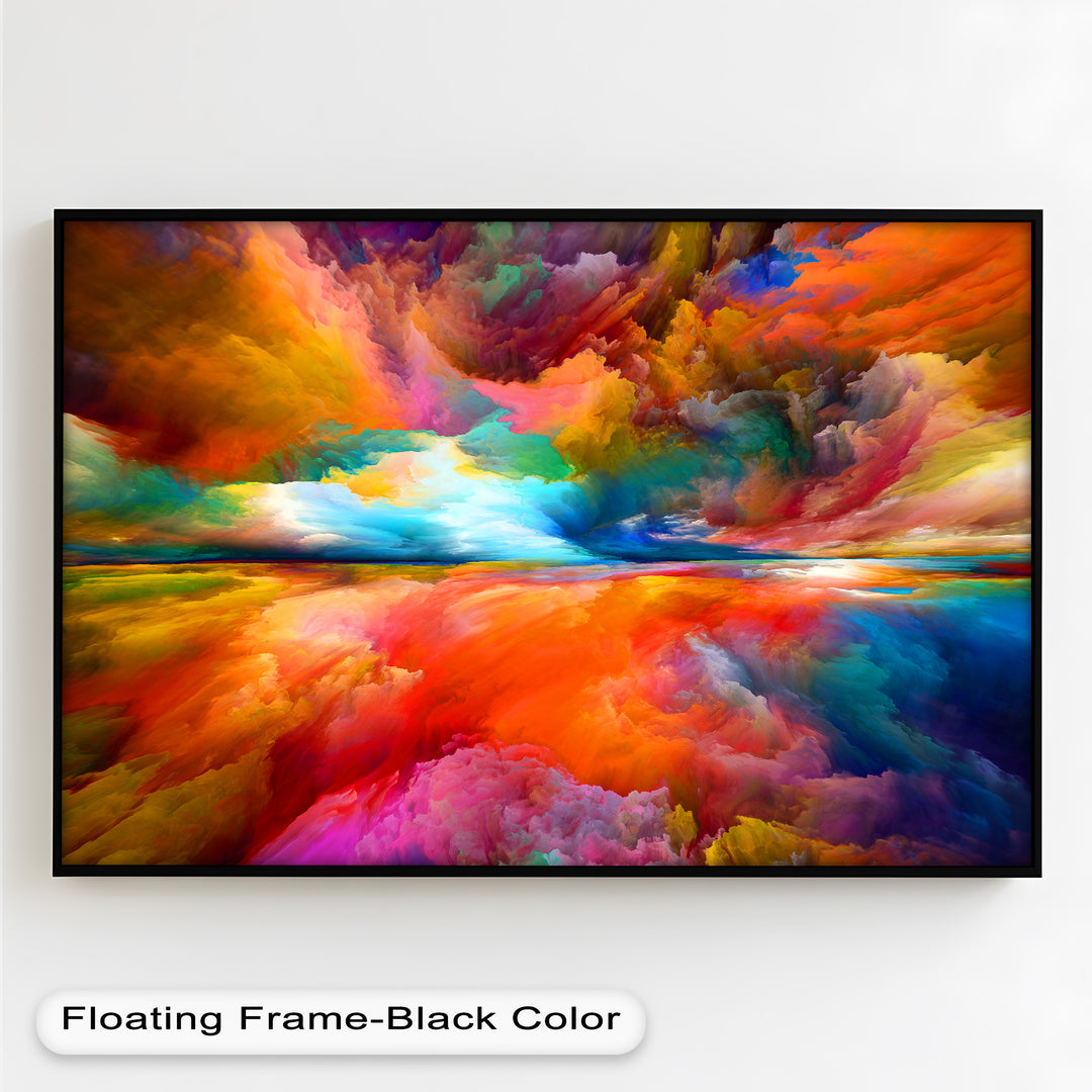 A breathtaking abstract landscape painting featuring a vivid explosion of colors resembling a surreal sunset sky and its reflection on water
