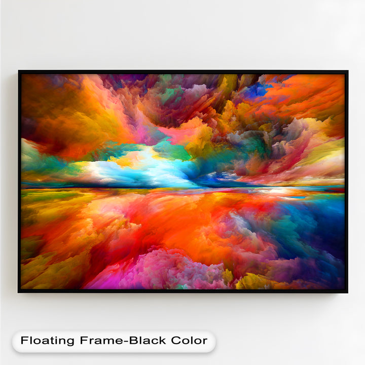 A breathtaking abstract landscape painting featuring a vivid explosion of colors resembling a surreal sunset sky and its reflection on water
