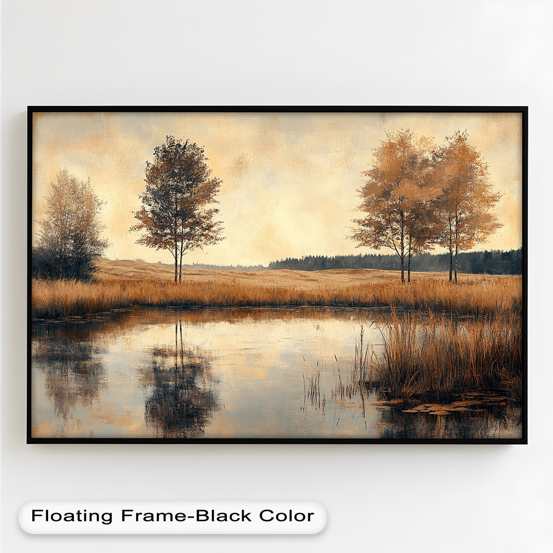 A timeless and sophisticated landscape painting conveys the essence of nature’s stillness, as the rich textures and warm autumn tones invite the viewer into a world of peaceful solitude.