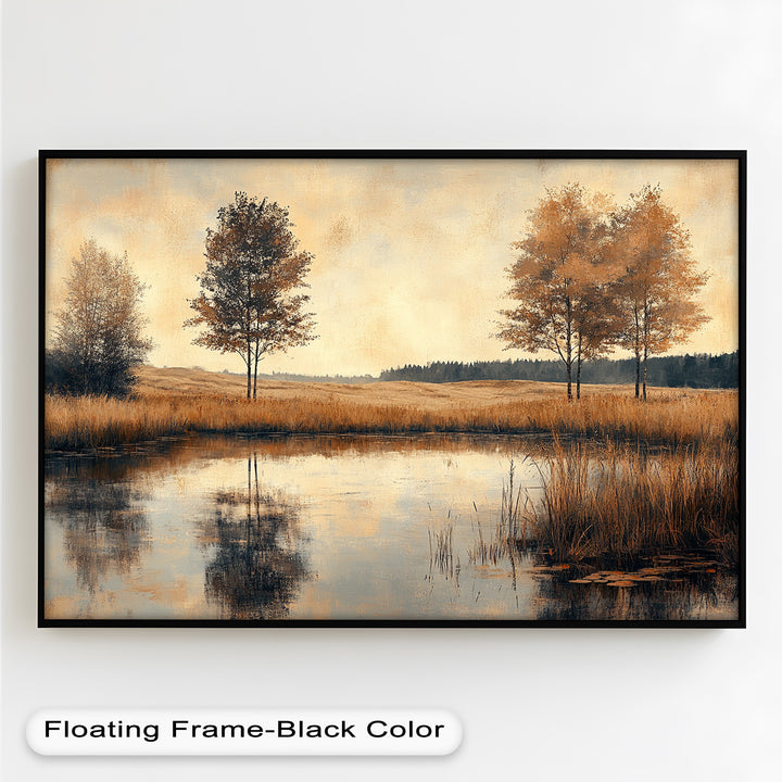 A timeless and sophisticated landscape painting conveys the essence of nature’s stillness, as the rich textures and warm autumn tones invite the viewer into a world of peaceful solitude.