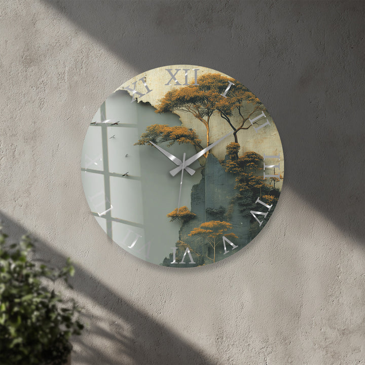 Misty Forest Glass Wall Clock – Golden Mountain Landscape