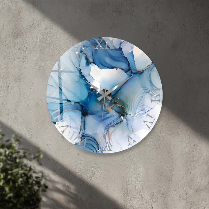 Blaue Marmorglas-Wanduhr – Abstraktes fließendes Kunstdekor