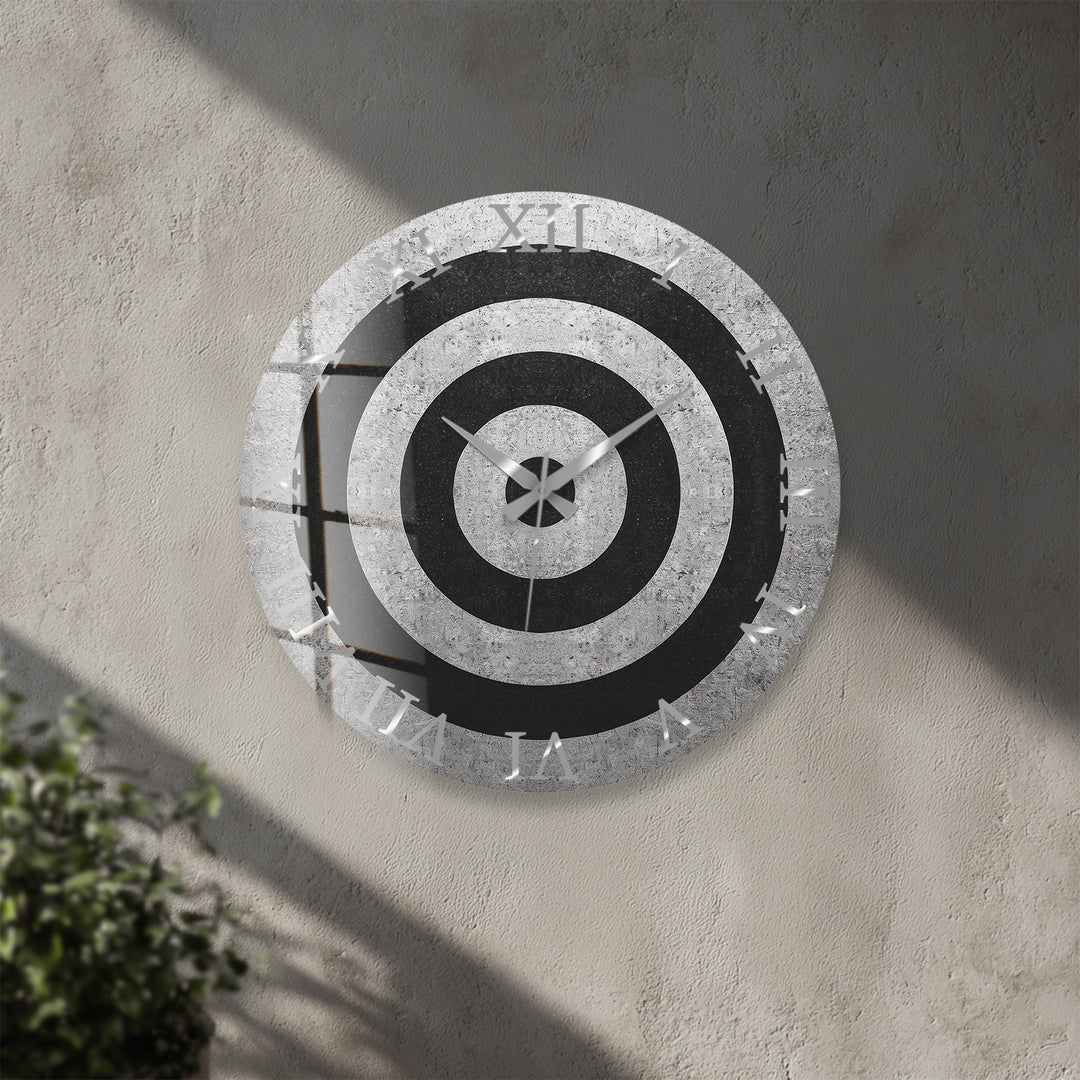 Black and White Glass Wall Clock – Minimalist Concentric Circles