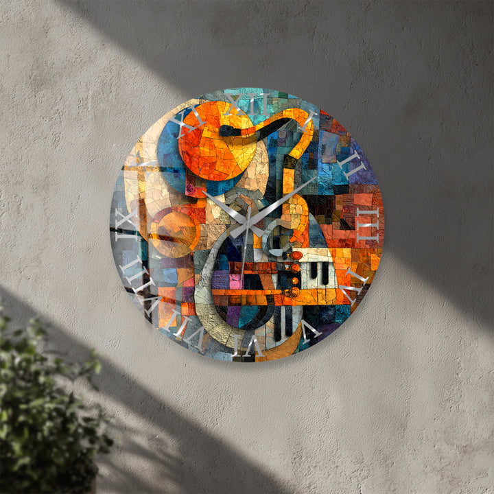 Music Glass Wall Clock – Treble Clef and Piano Mosaic Decor