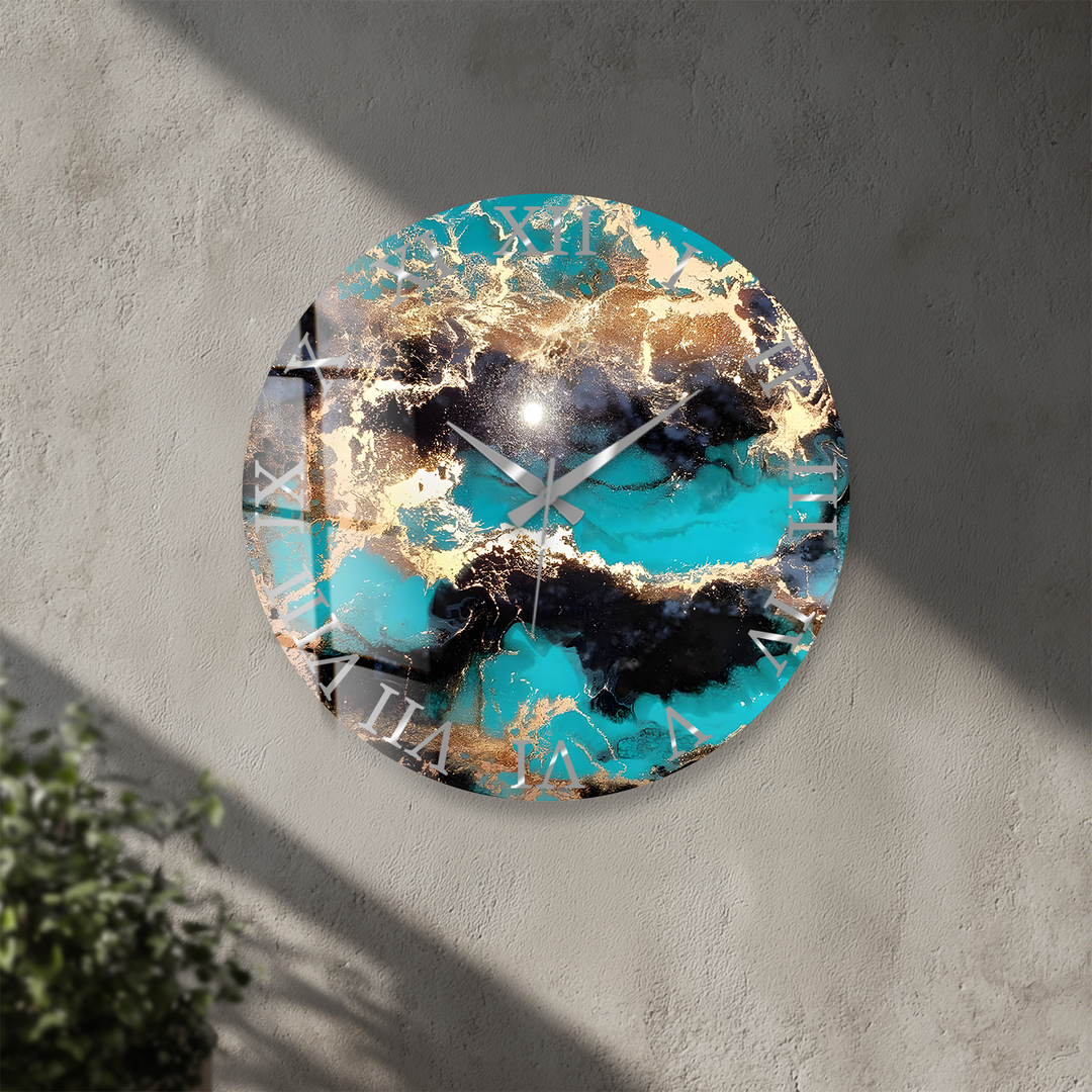 Turquoise and Gold Glass Wall Clock – Abstract Marble Decor