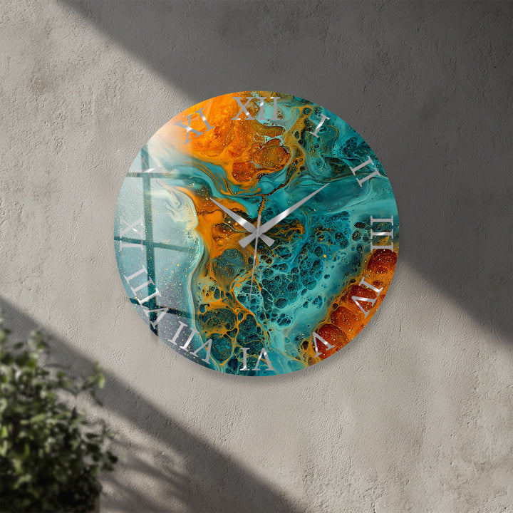 Fluid Art Glass Wall Clock – Teal and Gold Abstract Pour Decor