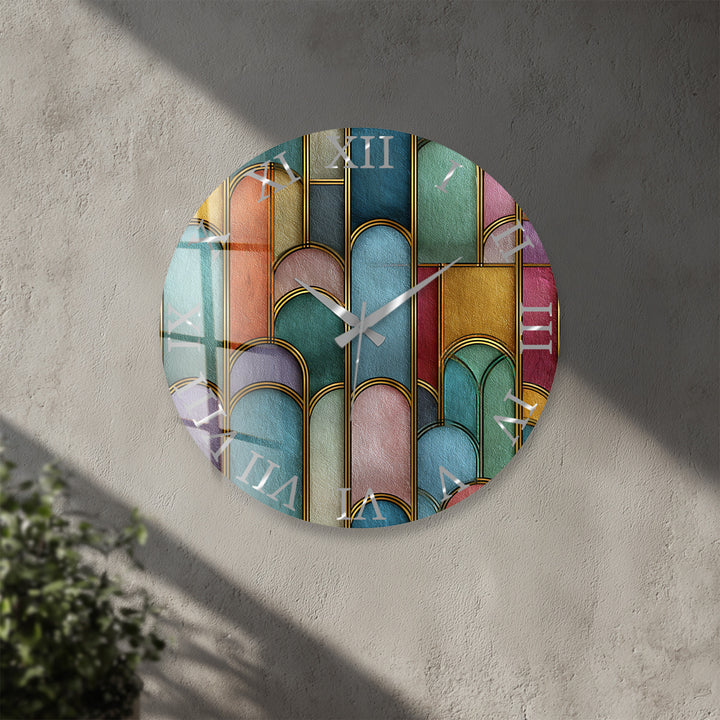Art Deco Glass Wall Clock – Colorful Geometric Arch Decor
