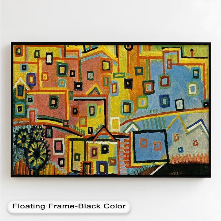 A playful, color-rich artwork depicting a dense neighborhood of stylized homes, each outlined in yellow, red, or blue.