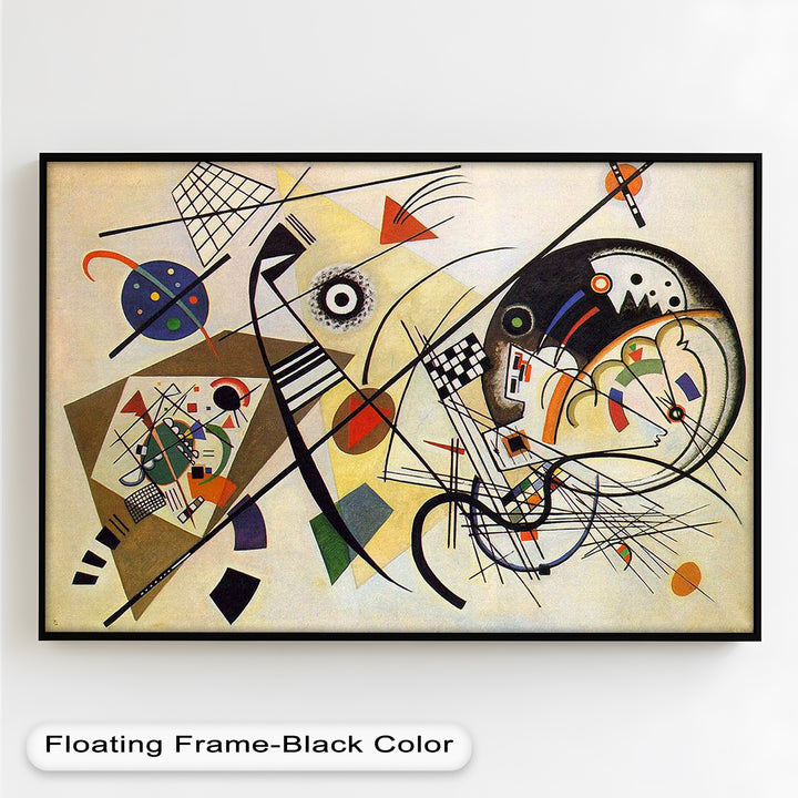 Chaotic yet harmonious arrangement of curves, grids, and floating shapes in a structured abstract design.