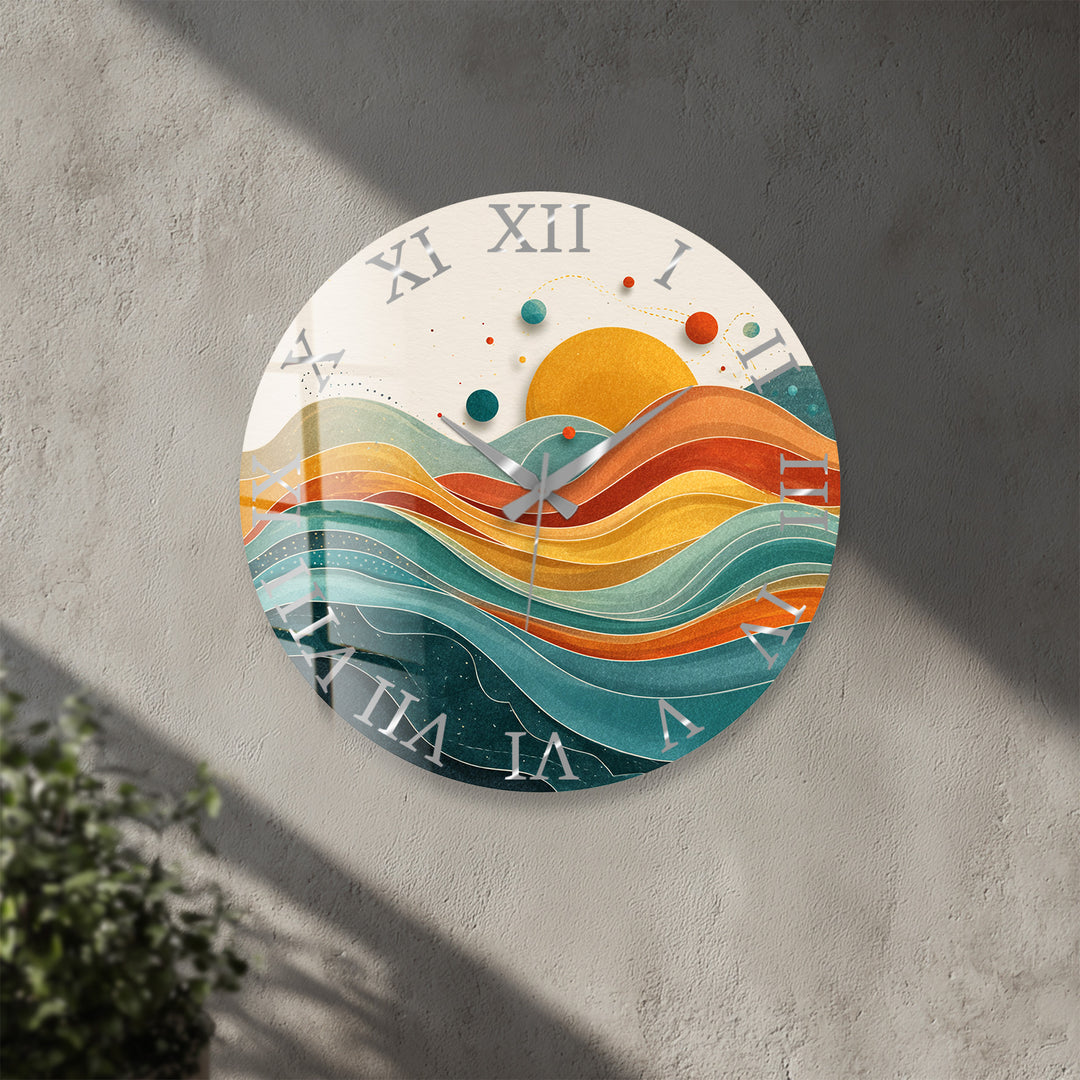 Retro Sunset Glass Wall Clock – Abstract Boho Wave Art