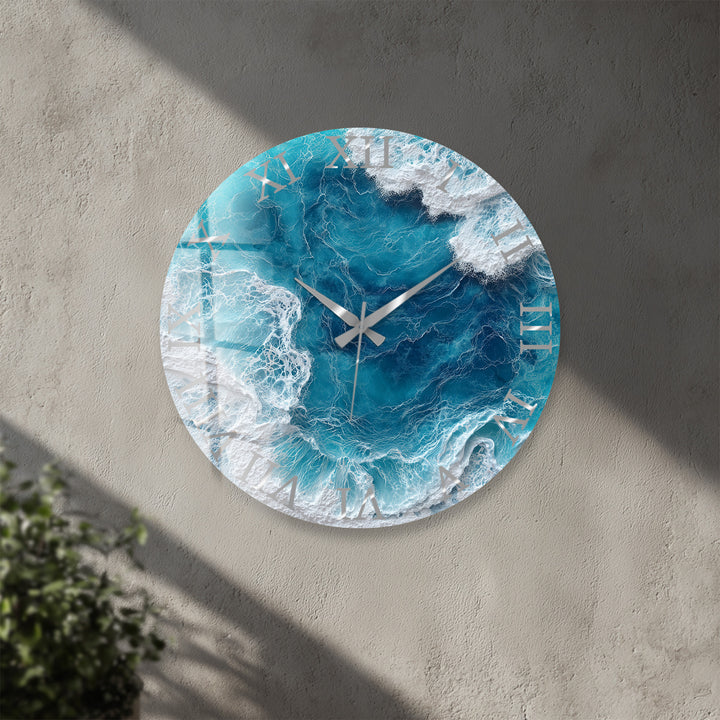Ocean Waves Glass Wall Clock – Blue Coastal Beach House Decor