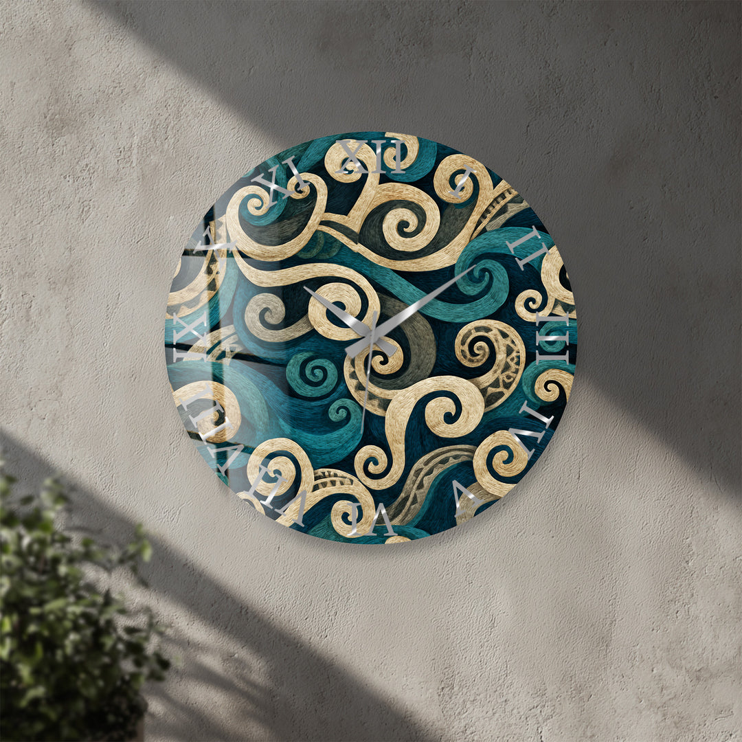 Teal Spiral Glass Wall Clock – Blue and Beige Abstract Swirl Art