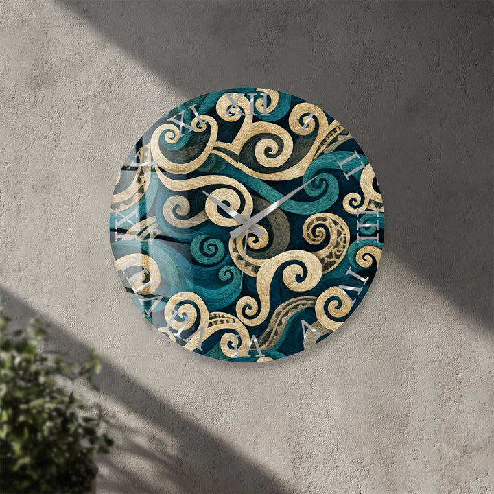 Teal Spiral Glass Wall Clock – Blue and Beige Abstract Swirl Art
