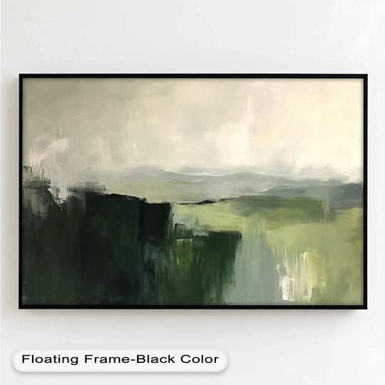 Negative space highlights the serene landscape abstract oil painting art prints, with misty hills and forest tones created by gestural brushstrokes.
