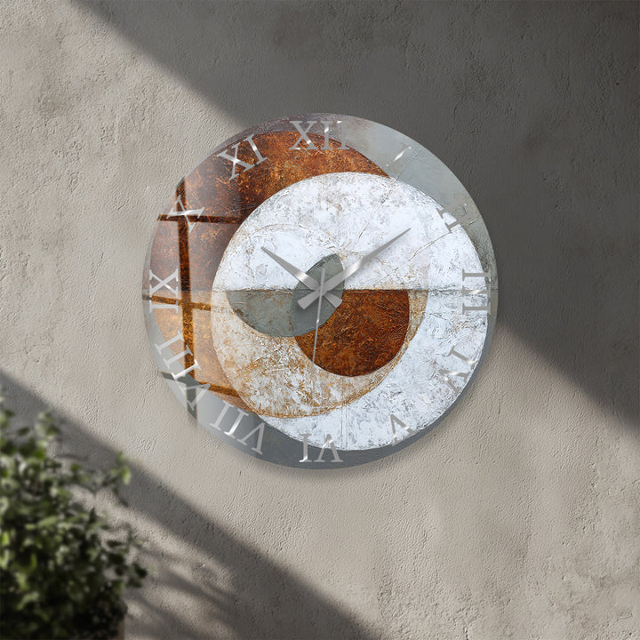 Rust and Gray Glass Wall Clock – Industrial Abstract Circle Art